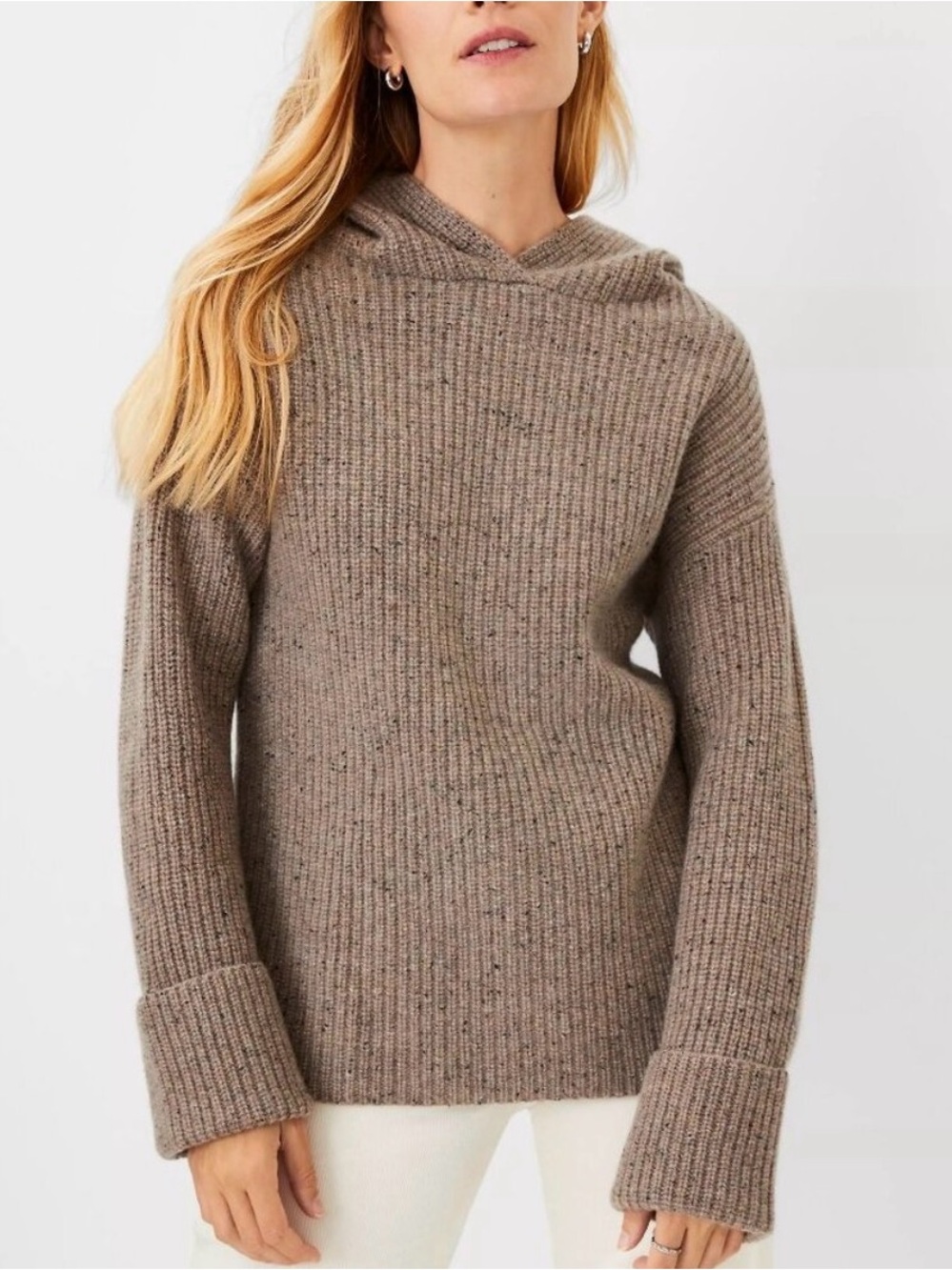 Ann Taylor 100% Cashmere Donegal Thick Ribbed Hoodie Tan/Brown Sz Medium